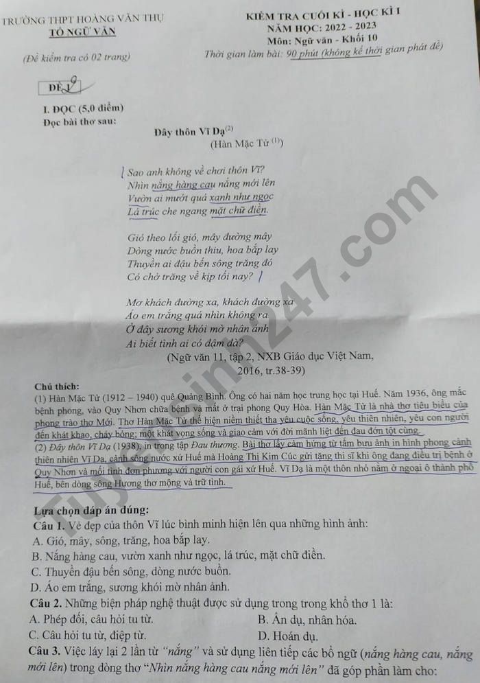 De thi ki 1 mon Van lop 10 THPT Hoang Van Thu 2022