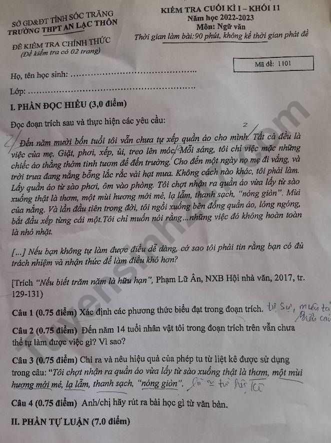 De thi ki 1 mon Van lop 11 nam 2022 - THPT An Lac Thon