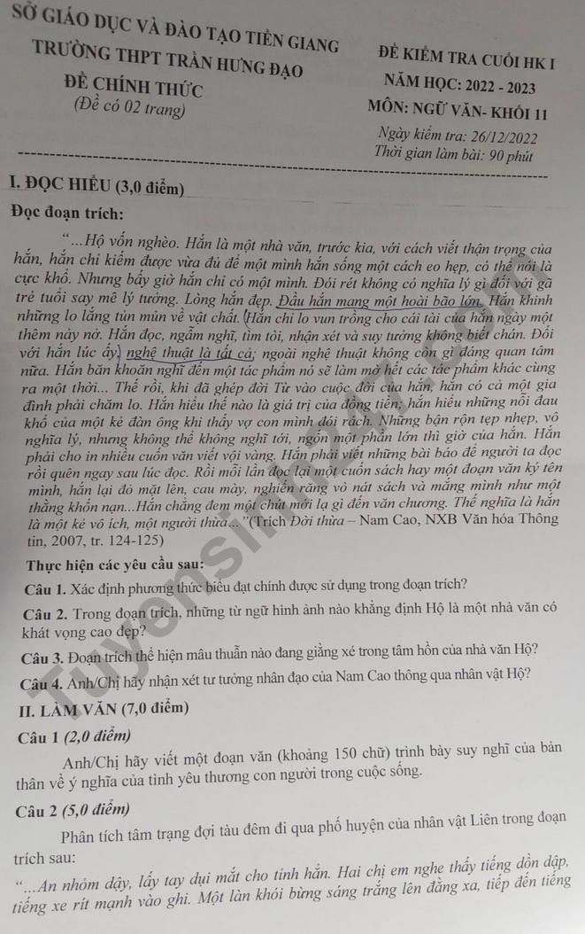 De thi ki 1 lop 11 mon Van - THPT Tran Hung Dao 2022