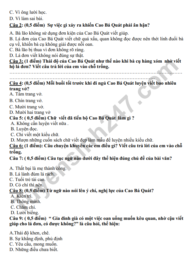 De thi ki 1 lop 4 mon Tieng Viet 2022 (Co dap an) - TH Binh Minh