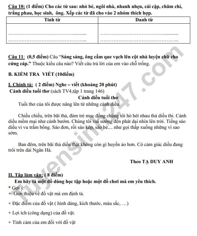 De thi ki 1 lop 4 mon Tieng Viet 2022 (Co dap an) - TH Binh Minh