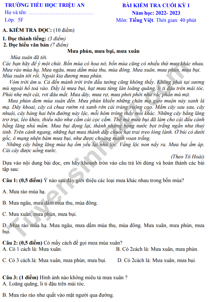 De cuoi ki 1 lop 5 mon Tieng Viet 2022 - TH Trieu An (Co dap an)