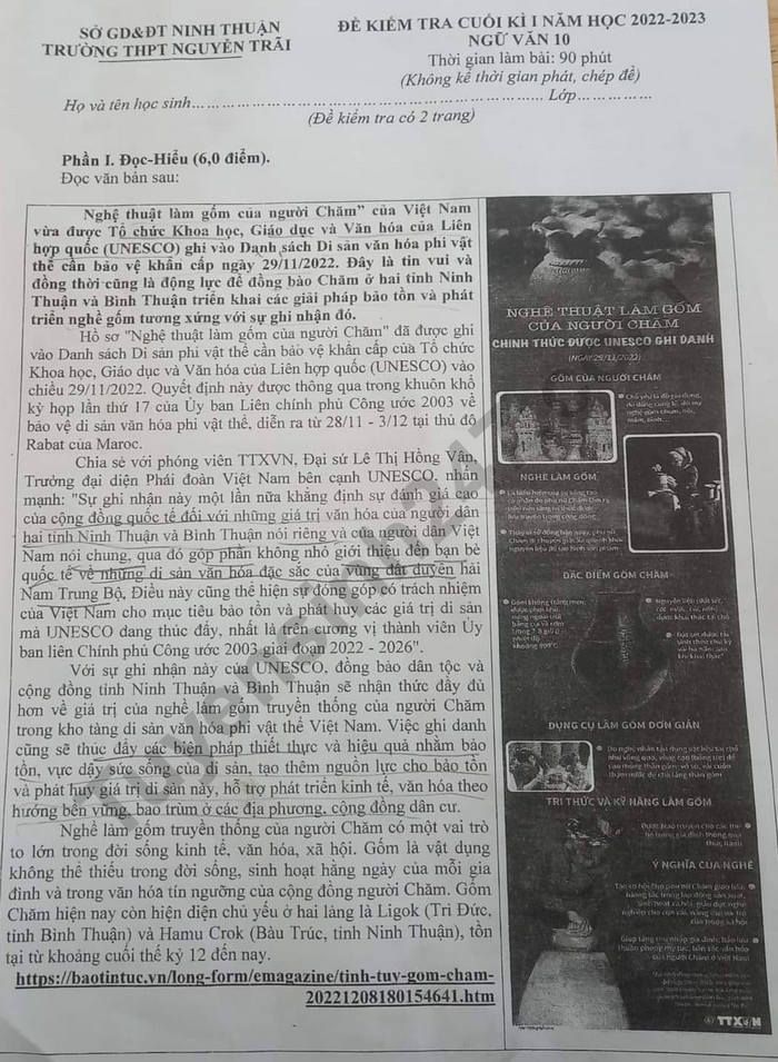 De thi ki 1 lop 10 mon Van 2022 - THPT Nguyen Trai