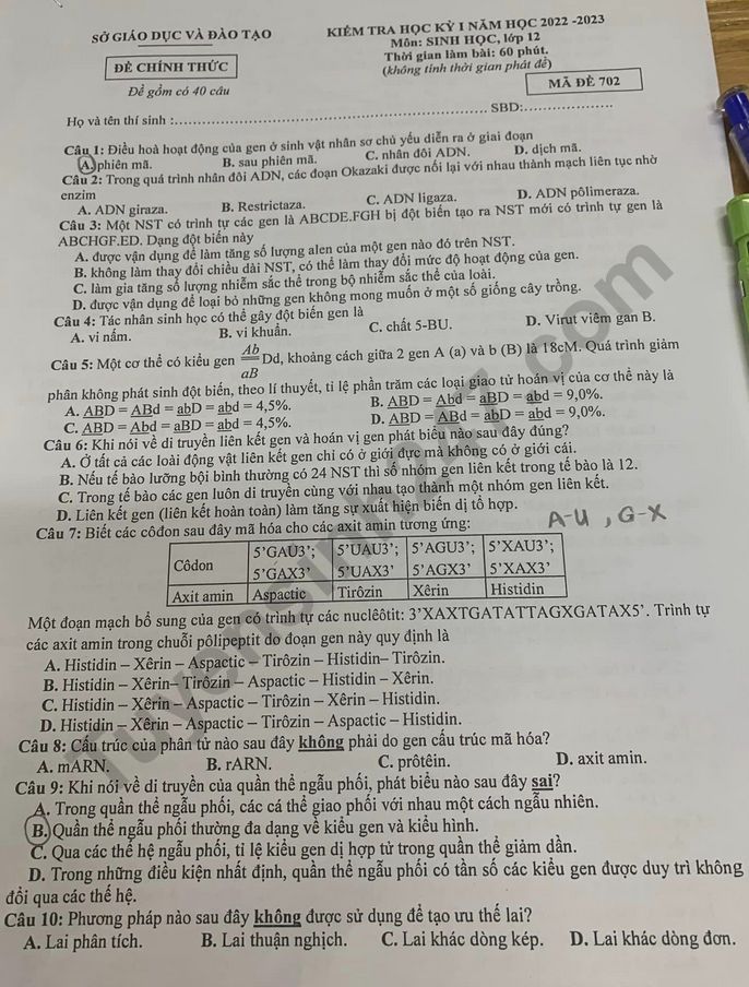 De thi ki 1 lop 12 mon Sinh 2022 - So GD Binh Duong