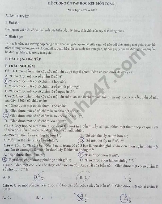 De cuong on tap giua ki 2 lop 7 mon Toan 2023 - THCS Doan Thi Diem