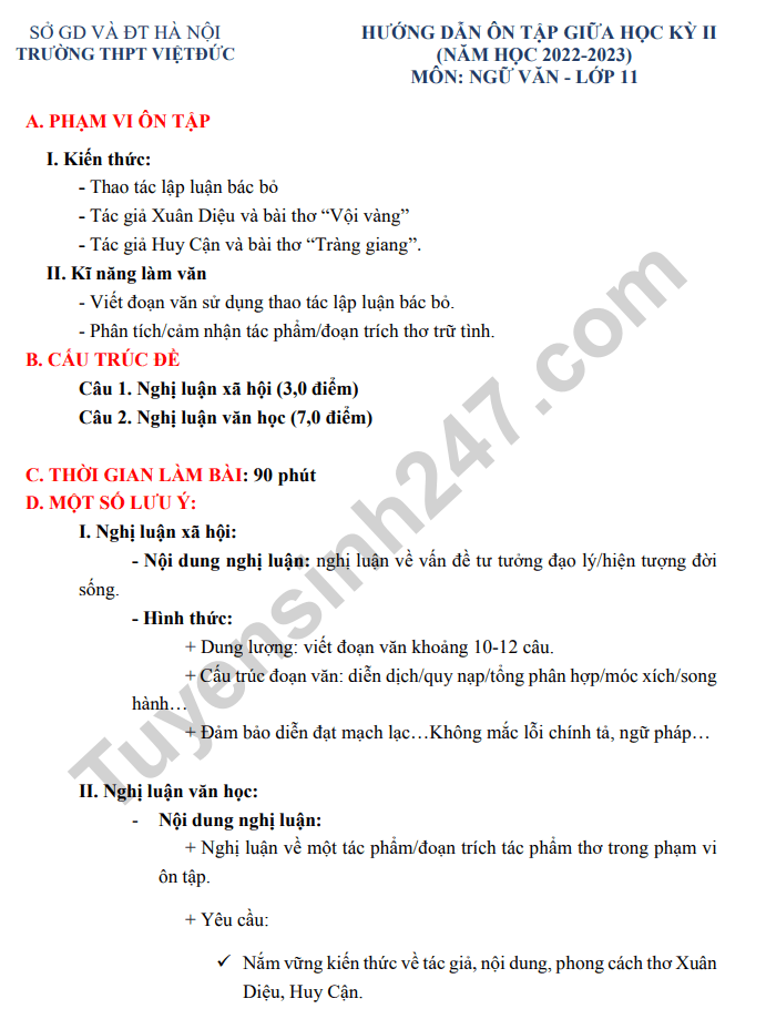 De cuong giua ki 2 mon Van lop 11 - THPT Viet Duc 2023