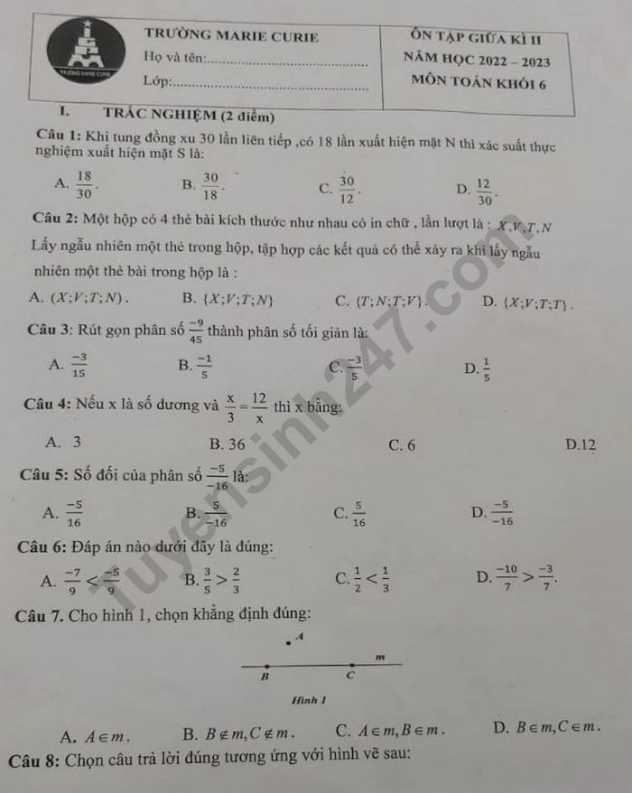 De cuong giua ki 2 lop 6 mon Toan 2023 - THCS Marie Curie