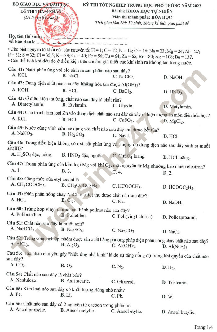 Huong dan giai de minh hoa mon Hoa tot nghiep THPT 2023