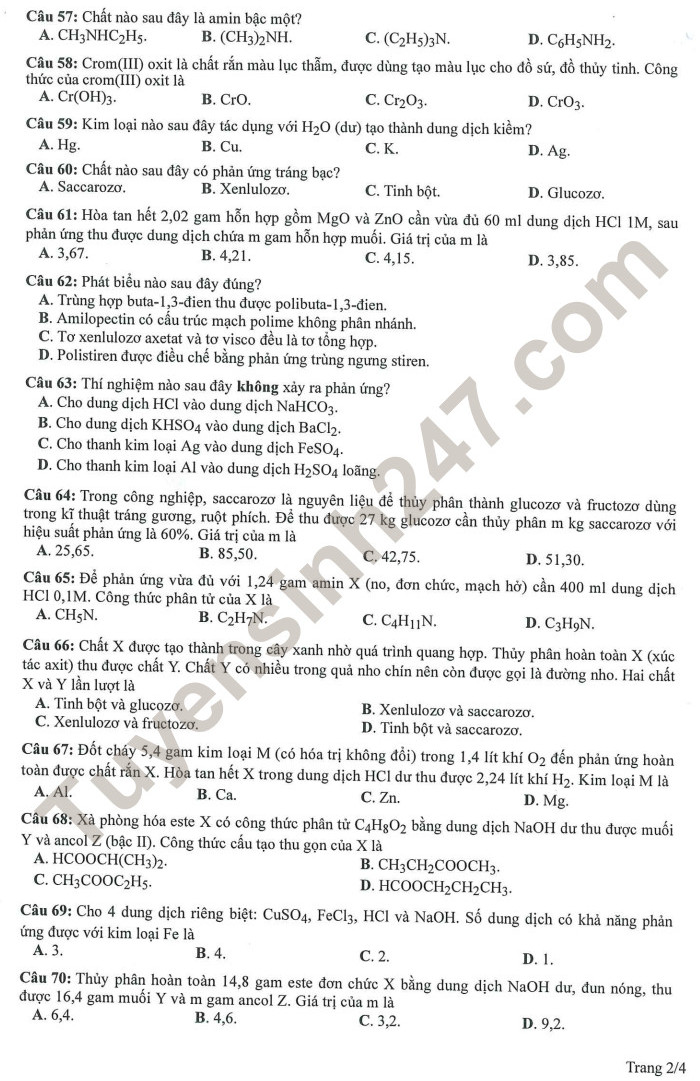 Huong dan giai de minh hoa mon Hoa tot nghiep THPT 2023