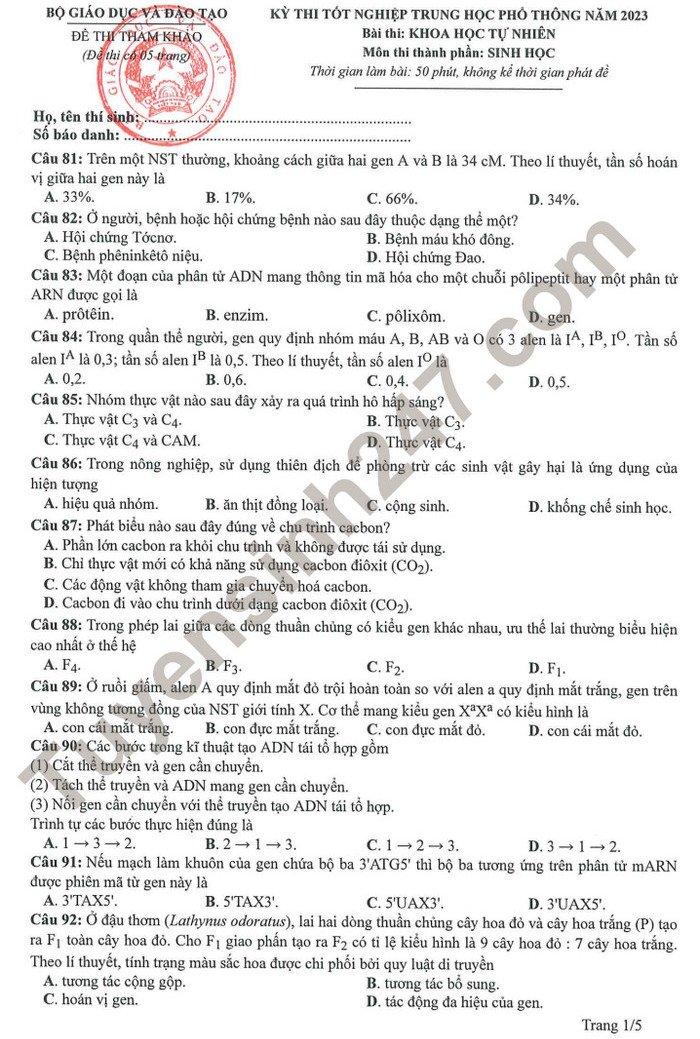 Huong dan giai de minh hoa mon Sinh tot nghiep THPT 2023