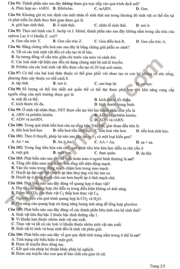 Huong dan giai de minh hoa mon Sinh tot nghiep THPT 2023
