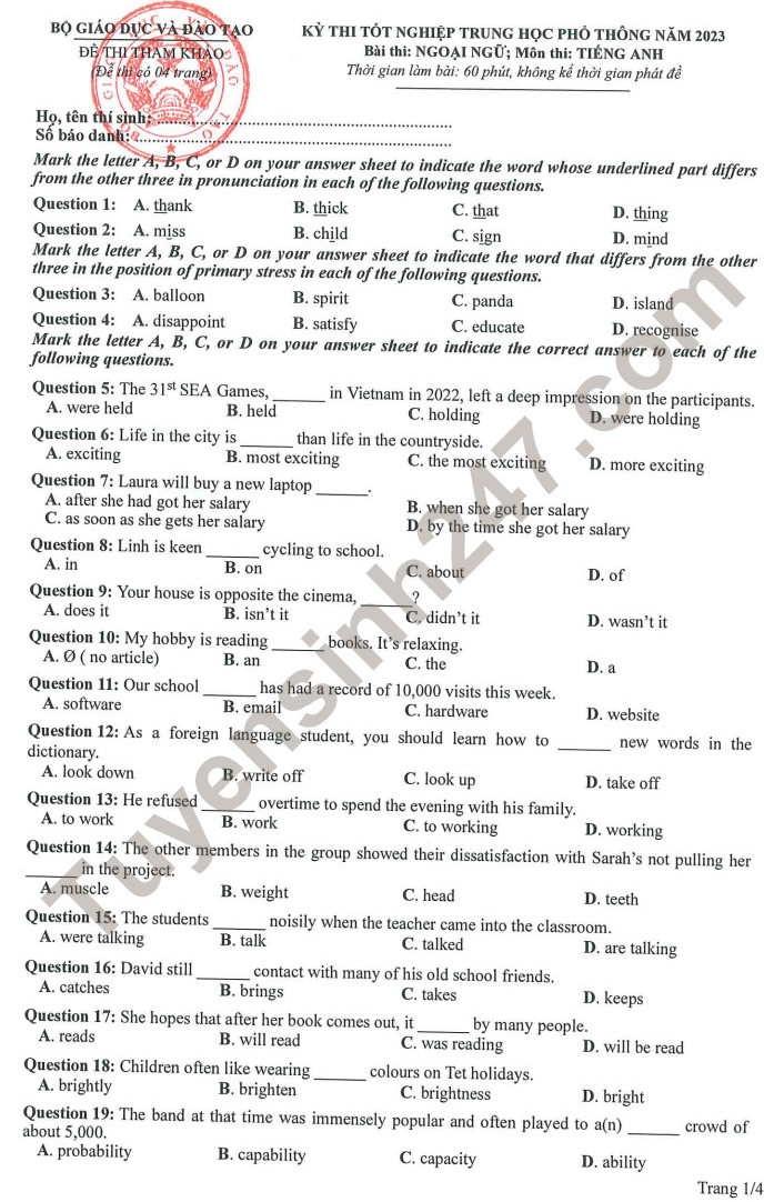 Huong dan giai de minh hoa mon Anh tot nghiep THPT 2023