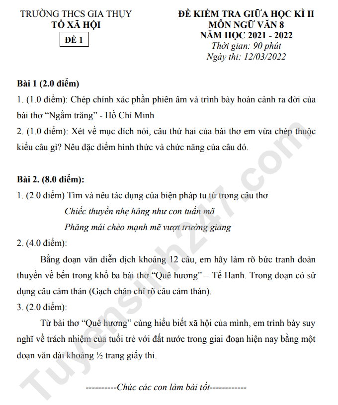 De thi giua ki 2 lop 8 mon Van 2022 - THCS Gia Thuy