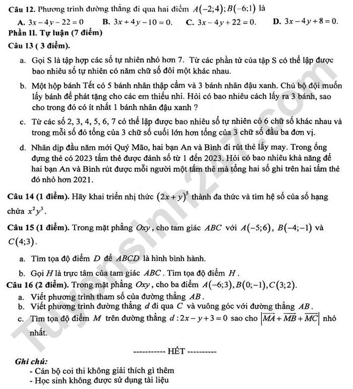 De thi giua ki 2 lop 10 mon Toan - THCS THPT Nguyen Tat Thanh 2023