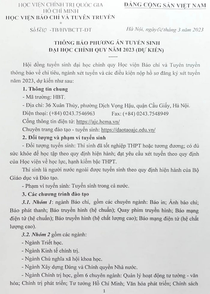 Thong tin tuyen sinh Hoc vien Bao chi va Tuyen truyen nam 2023