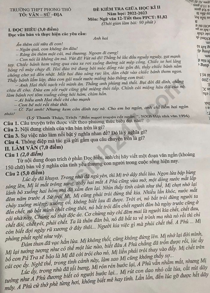 De thi giua ki 2 mon Van lop 12 nam 2023 - THPT Phong Tho