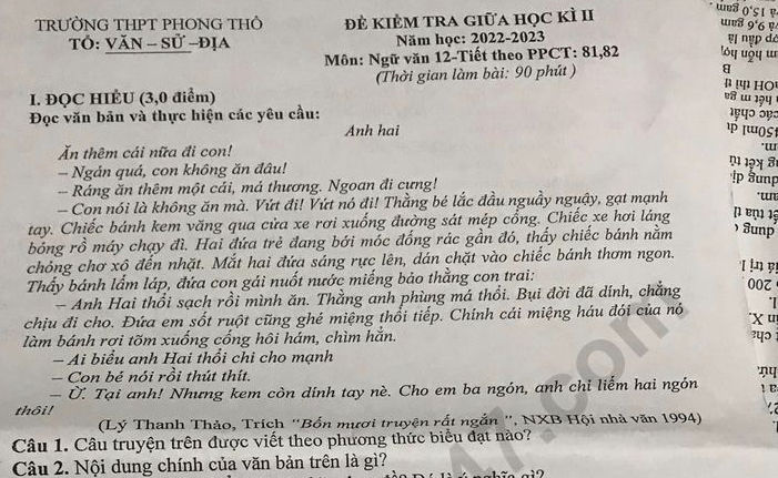 De thi giua ki 2 mon Van lop 12 nam 2023 - THPT Phong Tho