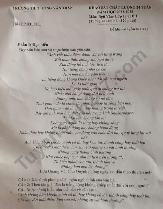 De giua ki 2 lop 12 mon Van 2023 - THPT Tong Van Tran