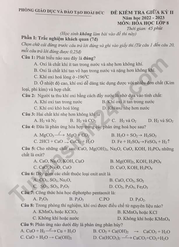 De thi giua ki 2 lop 8 mon Hoa 2023 - Hoai Duc
