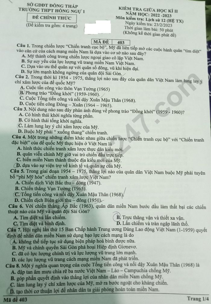 De thi giua ki 2 nam 2023 mon Su lop 12 - THPT Hong Ngu 1