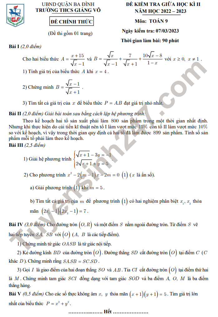 De giua ki 2 lop 9 nam 2023 mon Toan - THCS Giang Vo (Co dap an)