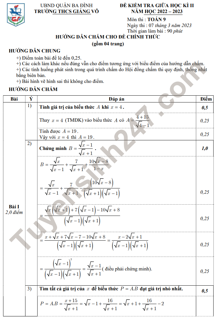 De giua ki 2 lop 9 nam 2023 mon Toan - THCS Giang Vo (Co dap an)