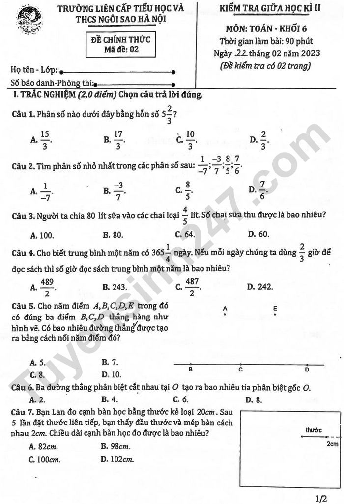 De thi giua ki 2 lop 6 mon Toan 2023 - TH&THCS Ngoi sao Ha Noi