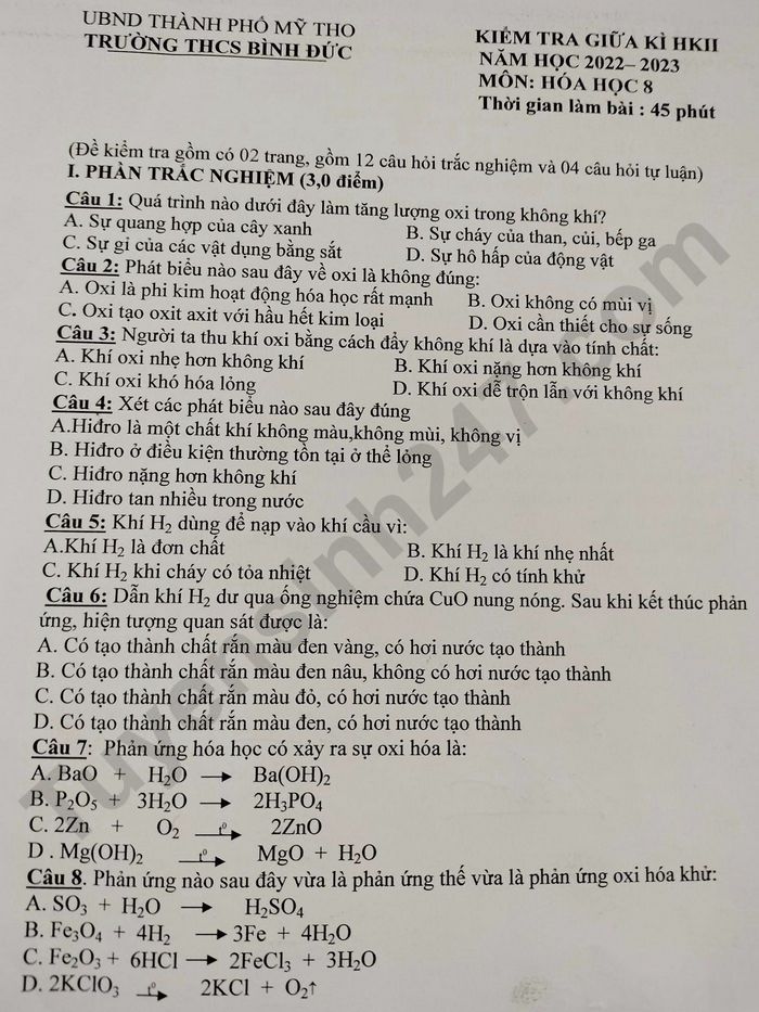 De thi giua hoc ki 2 lop 8 mon Hoa 2023 - THCS Binh Duc