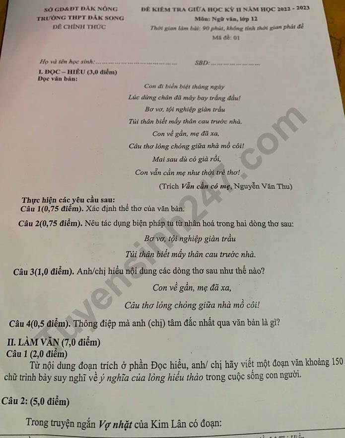 De thi giua ki 2 mon Van lop 12 nam 2023 - THPT Dak Song