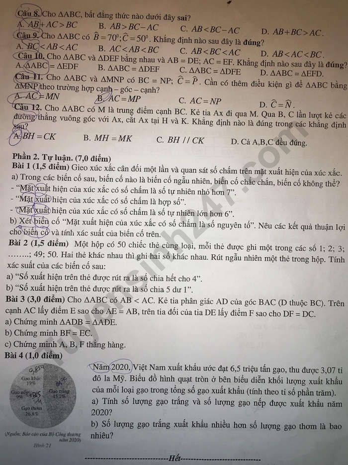 De giua hoc ki 2 mon Toan lop 7 - THCS Cat Linh nam 2023