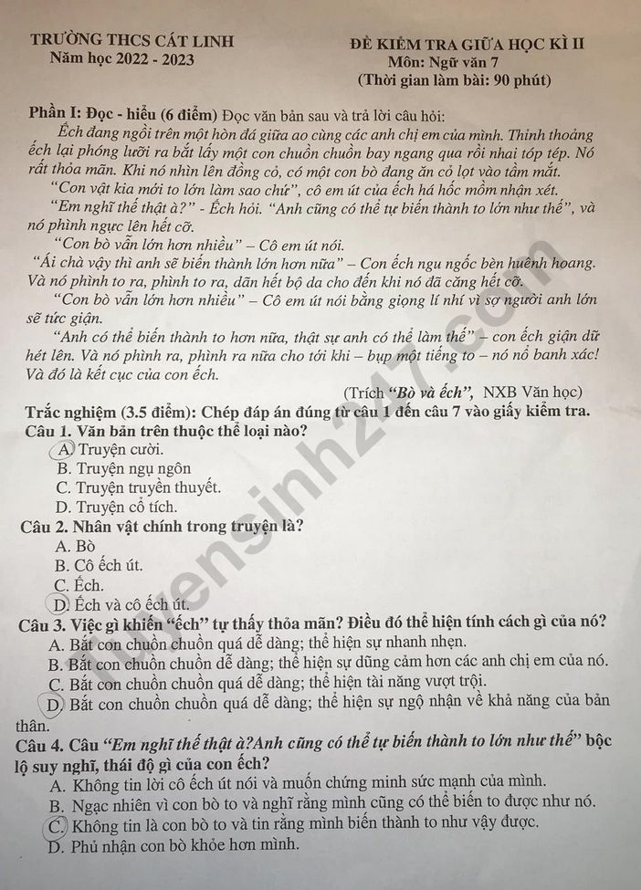 De thi giua ki 2 lop 7 mon Van 2023 - THCS Cat Linh