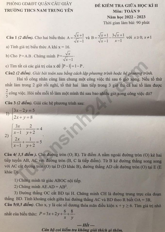De thi giua ki 2 mon Toan lop 9 nam 2023 - THCS Nam Trung Yen