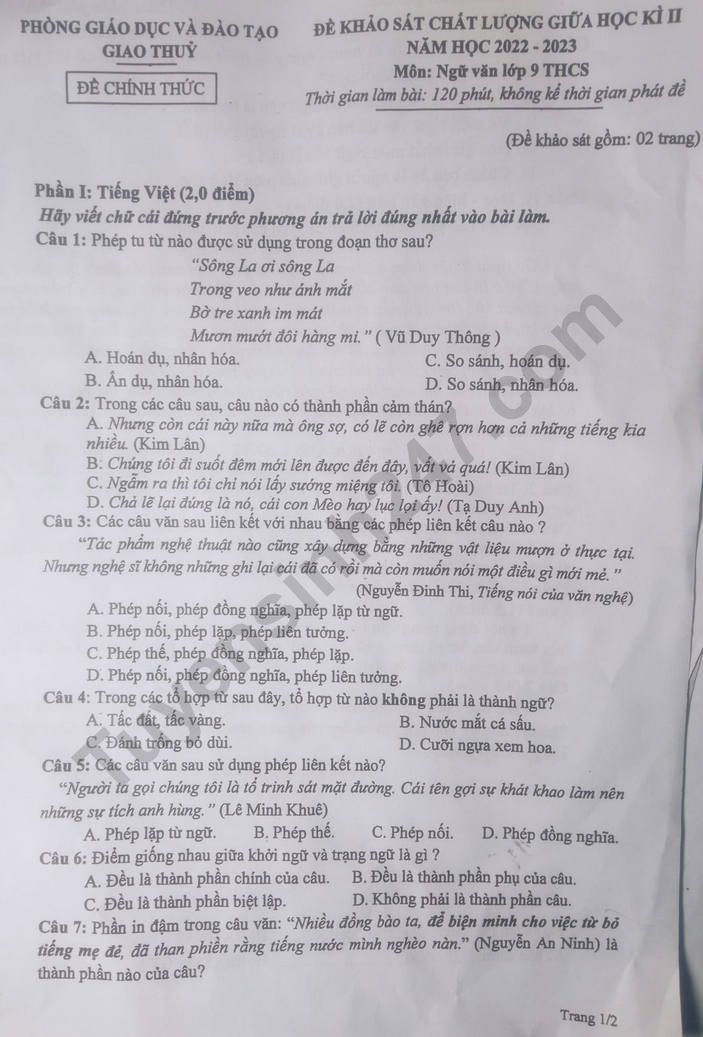 De thi giua ki 2 lop 9 mon Van 2023 - Phong GD Giao Thuy