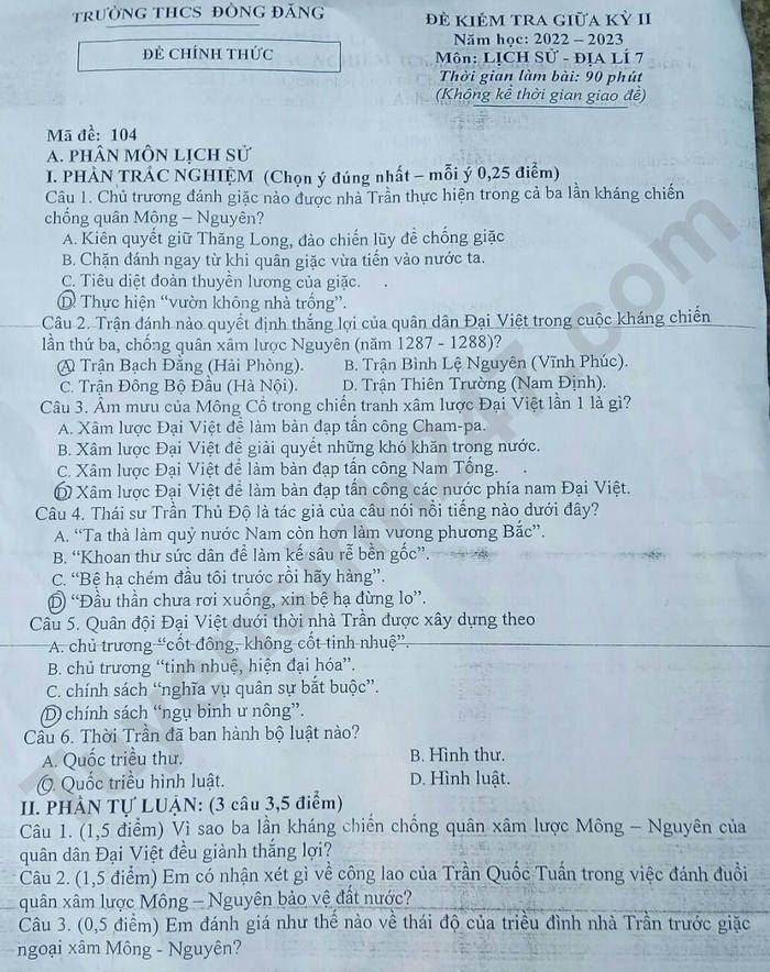 De thi giua hoc ki 2 mon Su - Dia lop 7 THCS Dong Dang 2023
