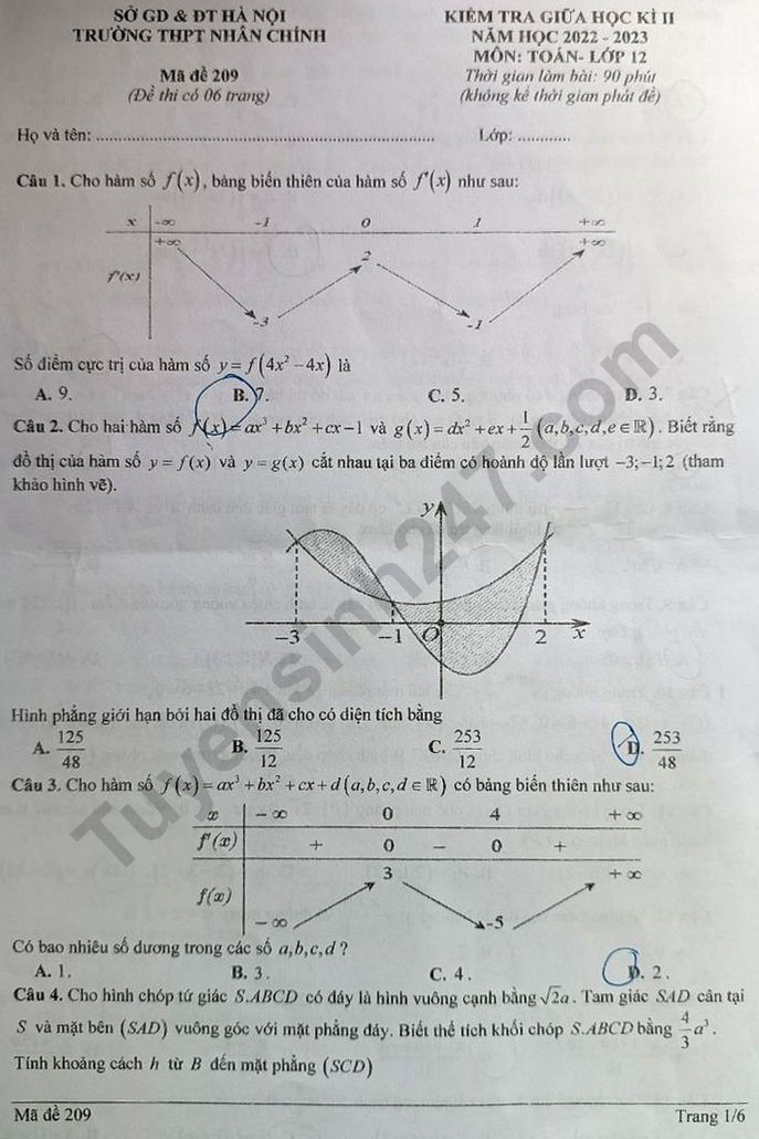 De thi giua ki 2 mon Toan lop 12 - THPT Nhan Chinh 2023