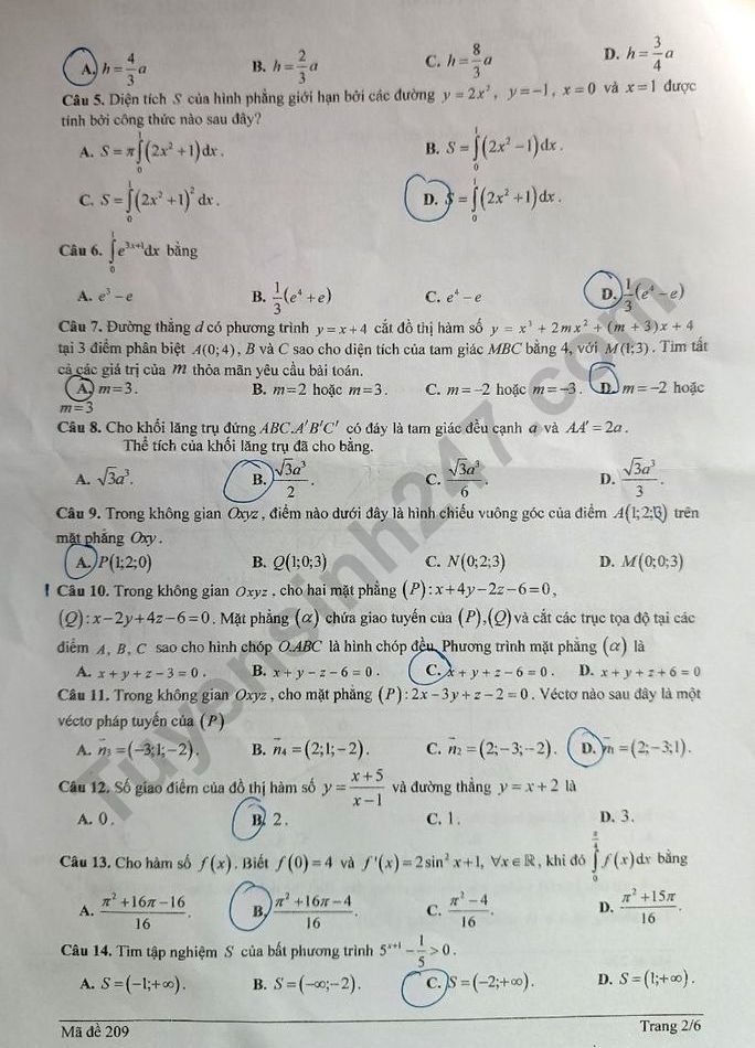 De thi giua ki 2 mon Toan lop 12 - THPT Nhan Chinh 2023