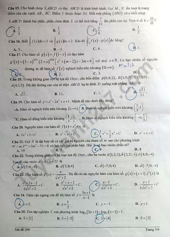 De thi giua ki 2 mon Toan lop 12 - THPT Nhan Chinh 2023