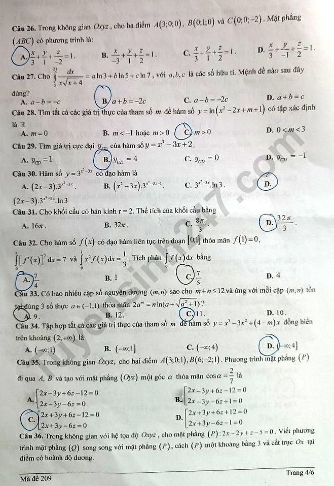 De thi giua ki 2 mon Toan lop 12 - THPT Nhan Chinh 2023