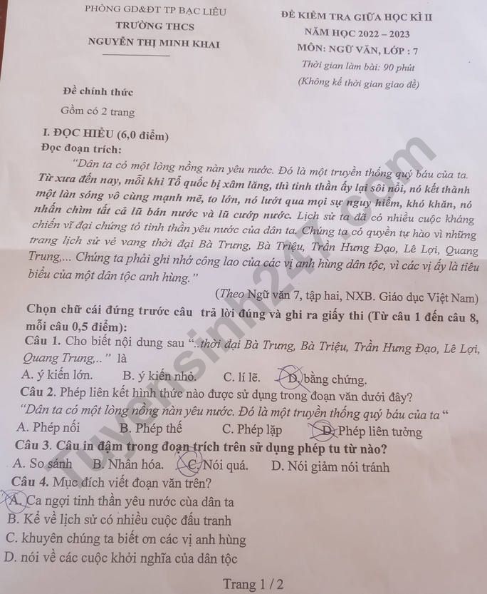De thi giua ki 2 mon Van lop 7 - THCS Nguyen Thi Minh Khai 2023