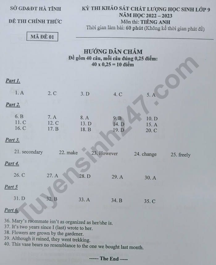 De thi thu mon Anh vao lop 10 nam 2023 - So GD Ha Tinh (Co dap an)