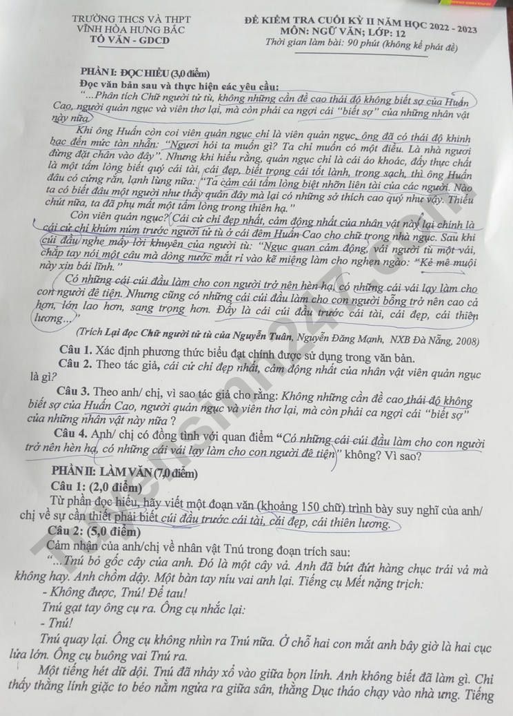 De thi cuoi ki 2 mon Van lop 12 nam 2023 - THCS THPT Vinh Hoa Hung Bac