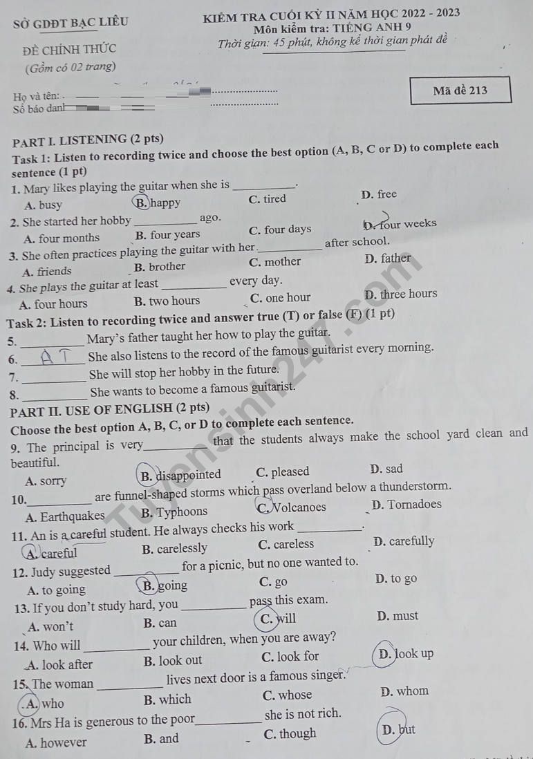 De thi ki 2 mon Anh lop 9 nam 2023 - So GD Bac Lieu