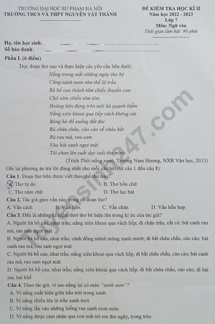 De thi ki 2 lop 7 mon Van nam 2023 - THCS THPT Nguyen Tat Thanh