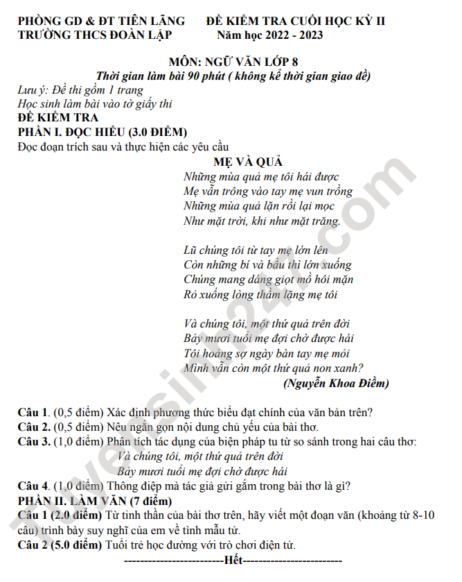 De thi ki 2 lop 8 mon Van 2023 - THCS Doan Lap (Co dap an)
