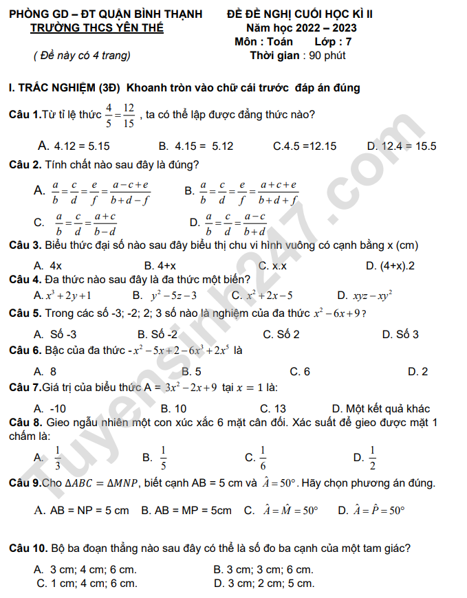 De thi ki 2 mon Toan lop 7 nam 2023 de nghi - THCS Yen The (Co dap an)