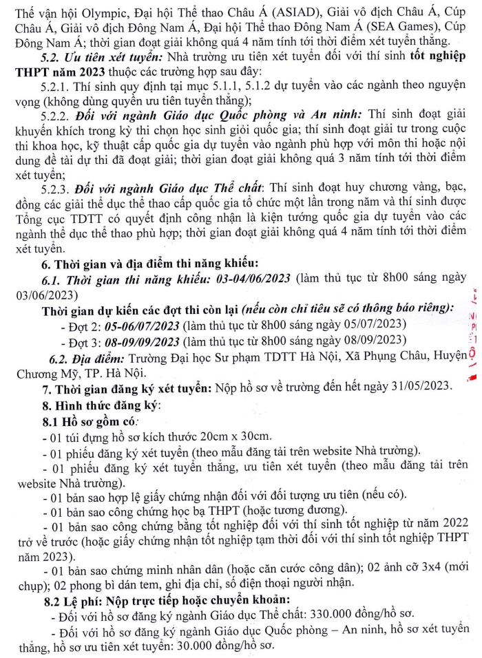 Thong tin tuyen sinh DH Su pham The duc The thao Ha Noi 2023