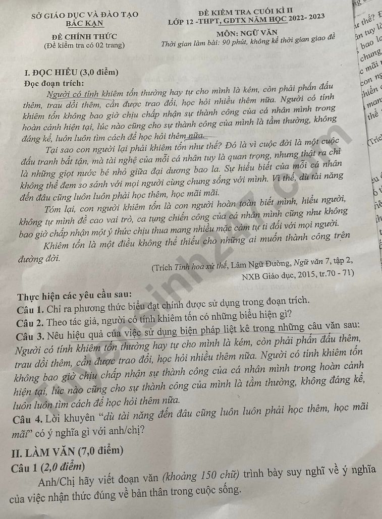 De thi hoc ki 2 lop 12 mon Van 2023 - So GD Bac Kan