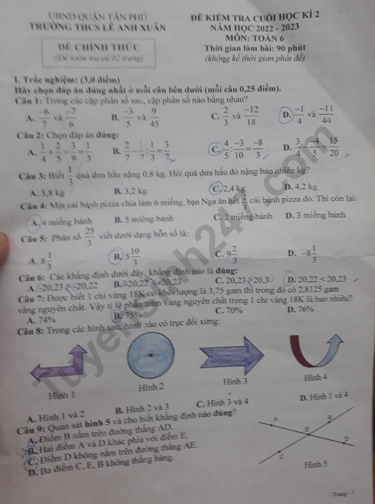 De thi ki 2 mon Toan lop 6 - THCS Le Anh Xuan nam 2023