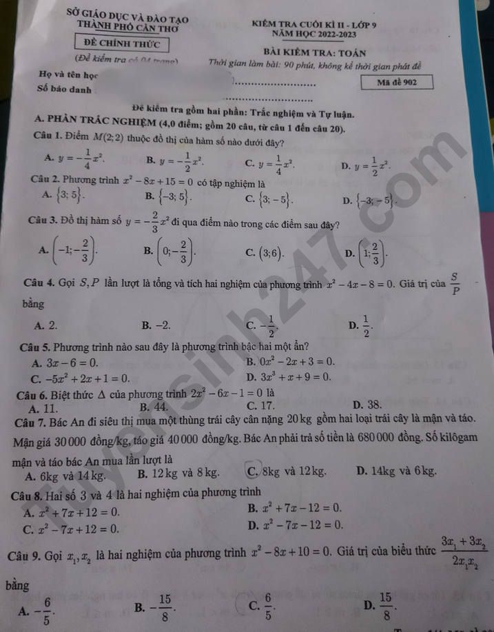 De thi ki 2 mon Toan lop 9 - So GD Can Tho 2023