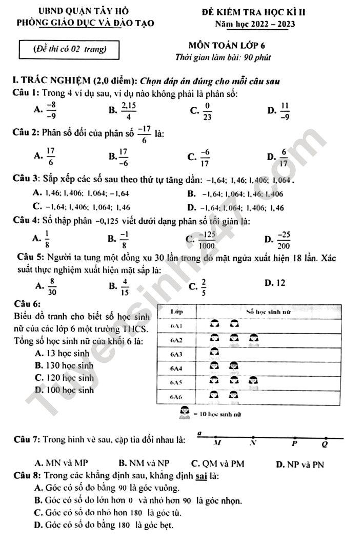 De thi ki 2 mon Toan lop 6 nam 2023 - Quan Tay Ho (Co dap an)